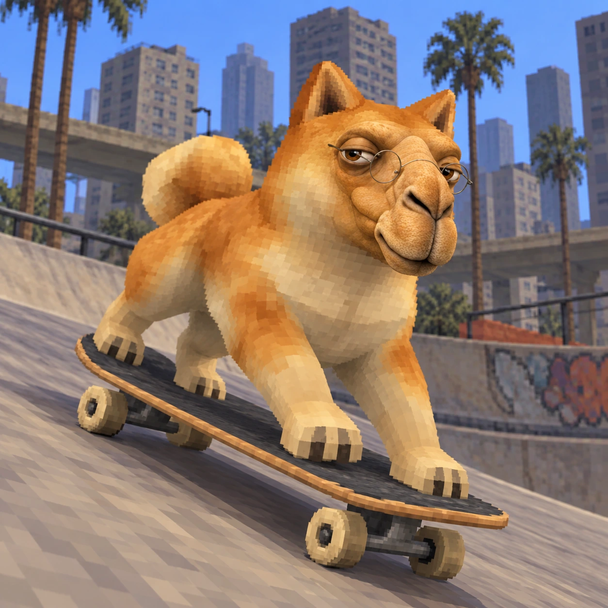 Dog Hump riding a skateboard at a city skate park