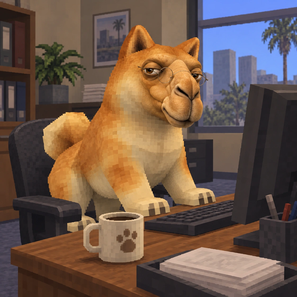 Dog Hump at an office desk with a coffee and computer