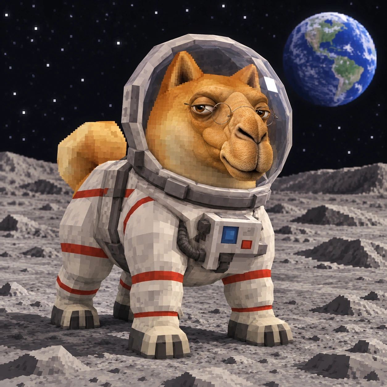 Dog Hump wearing a spacesuit on the Moon