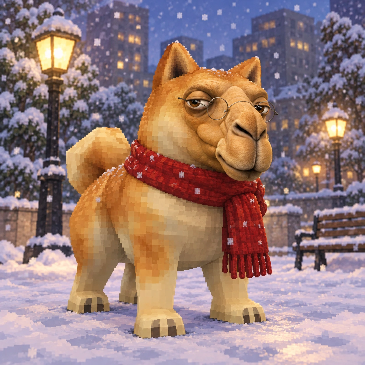 Dog Hump wearing a red scarf in a snowy city park